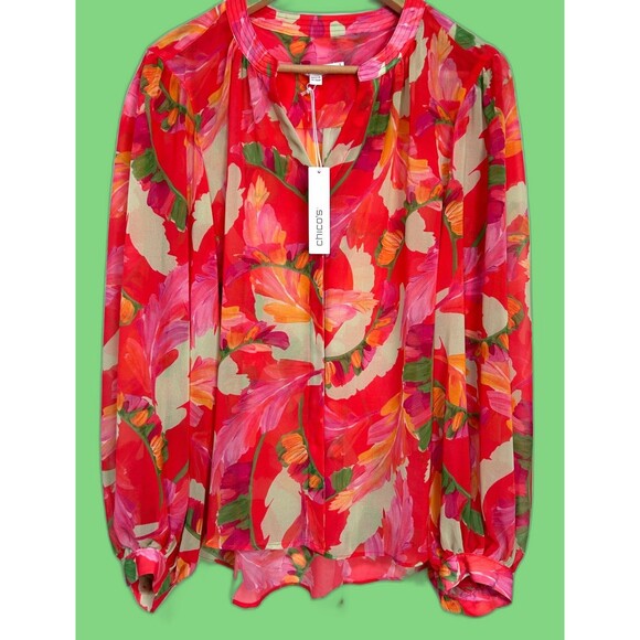 NWT Chicos Blouse Womens Size 3 L Georgette Flame Red Fiesta Floral Top Button n - Picture 1 of 10